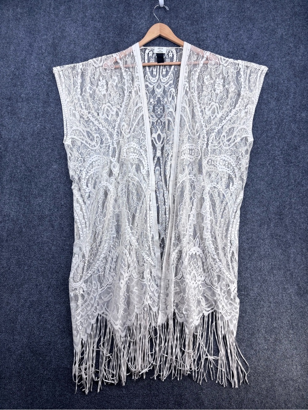 David And Young Off White Boho Festival Lace Fringe Kimono Women’s OS